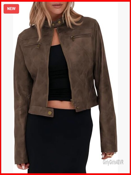 Jackets & Blazers - Faux Leather Cropped Motorcycle Jacket, Vintage Zip Up, Stand Collar